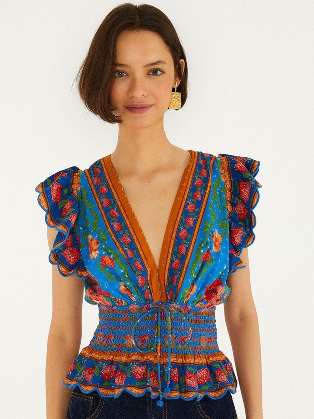 NWT Farm Rio XS Bright Blue Rococo Flowers Blouse